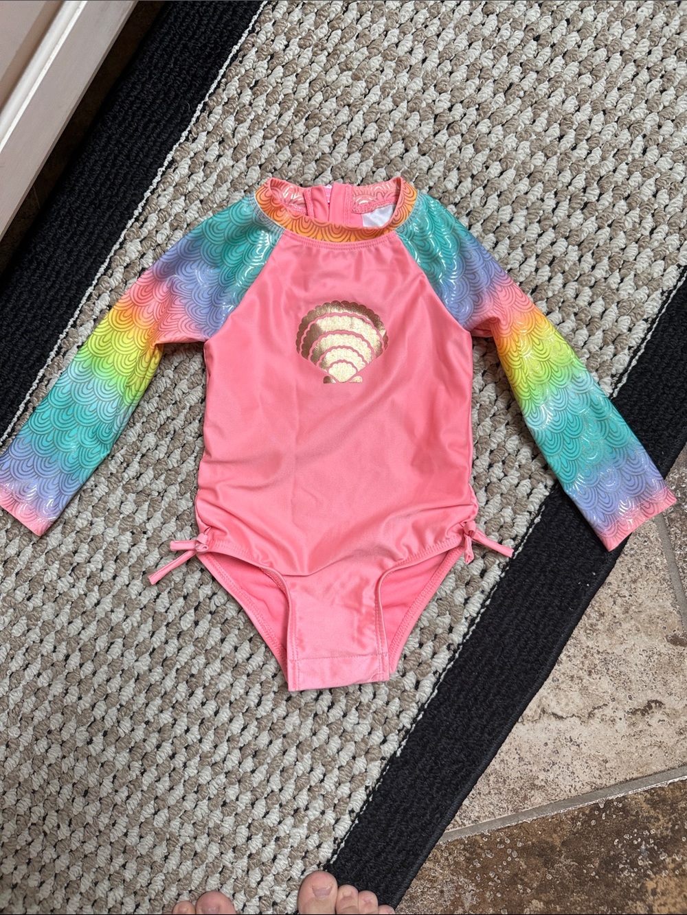 Cat & Jack Pink One-Piece Rash Guard Swimsuit with Rainbow Sleeves